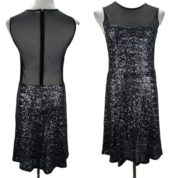 Nicole Miller Sequin Mini Cocktail Dress Size 6 Stretch Mesh Backless Illusion